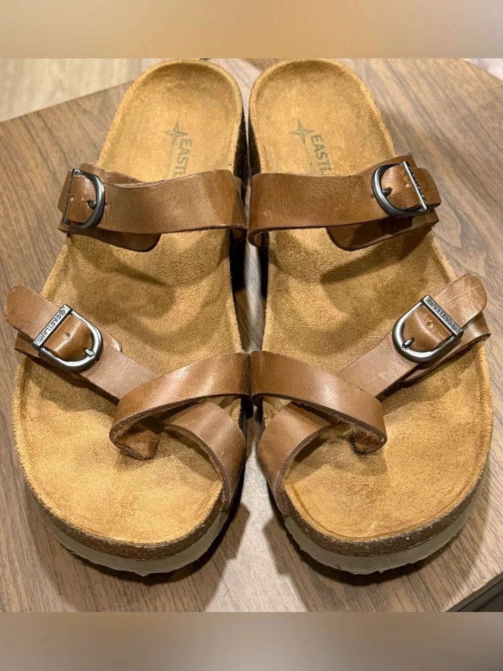 Eastland Womens 9M Leather Sandals Tiogo Brown Strap Cork Boho Festival Worn 1x